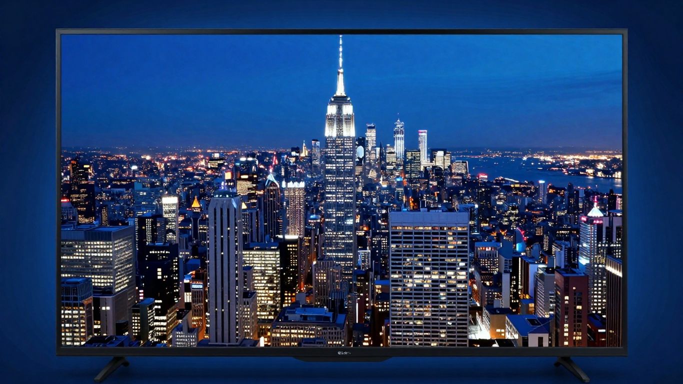 HD television displaying a city skyline with blue light.