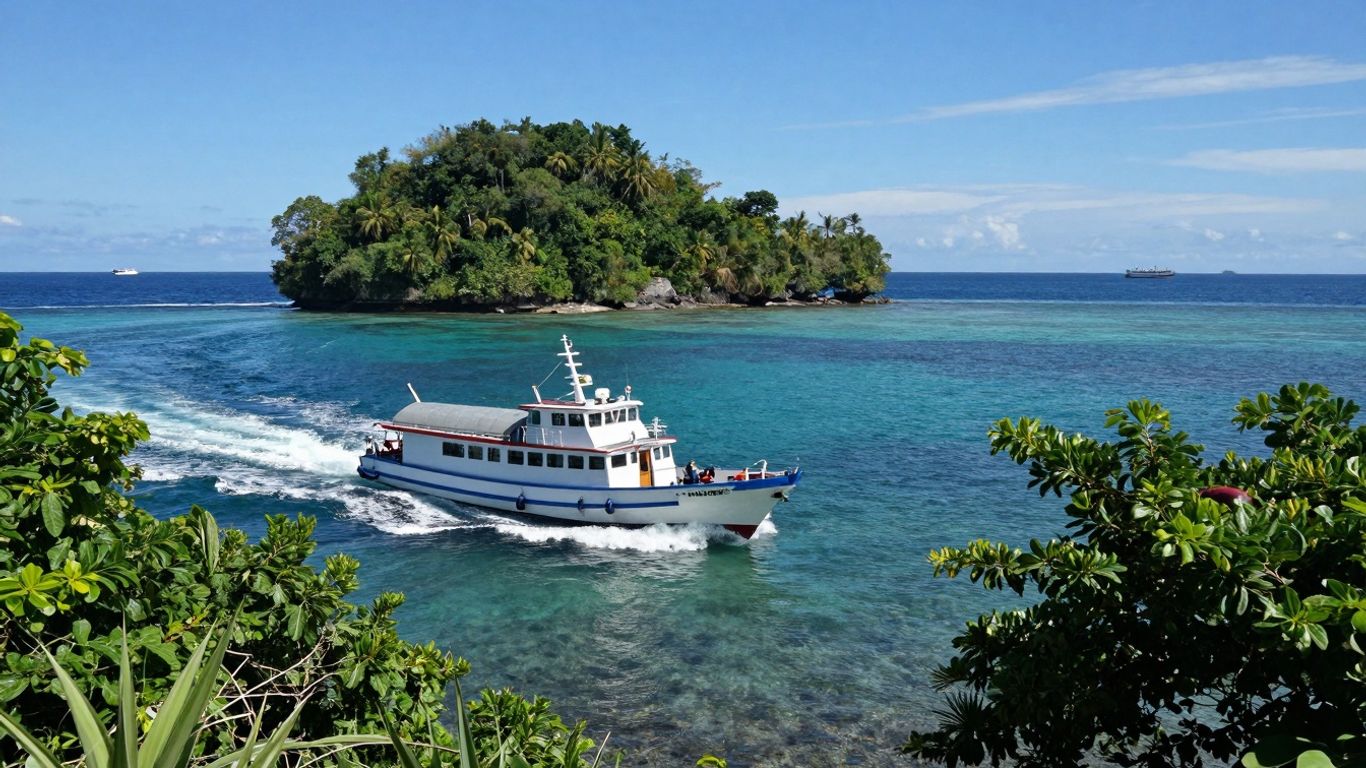 Indonesian patrol boat at sea near an island.