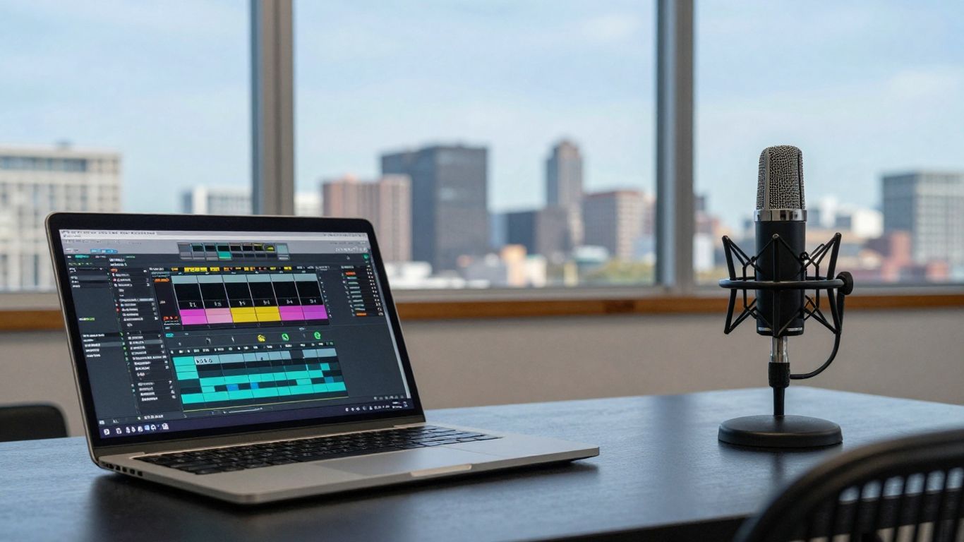 Producer working in a studio with music equipment.