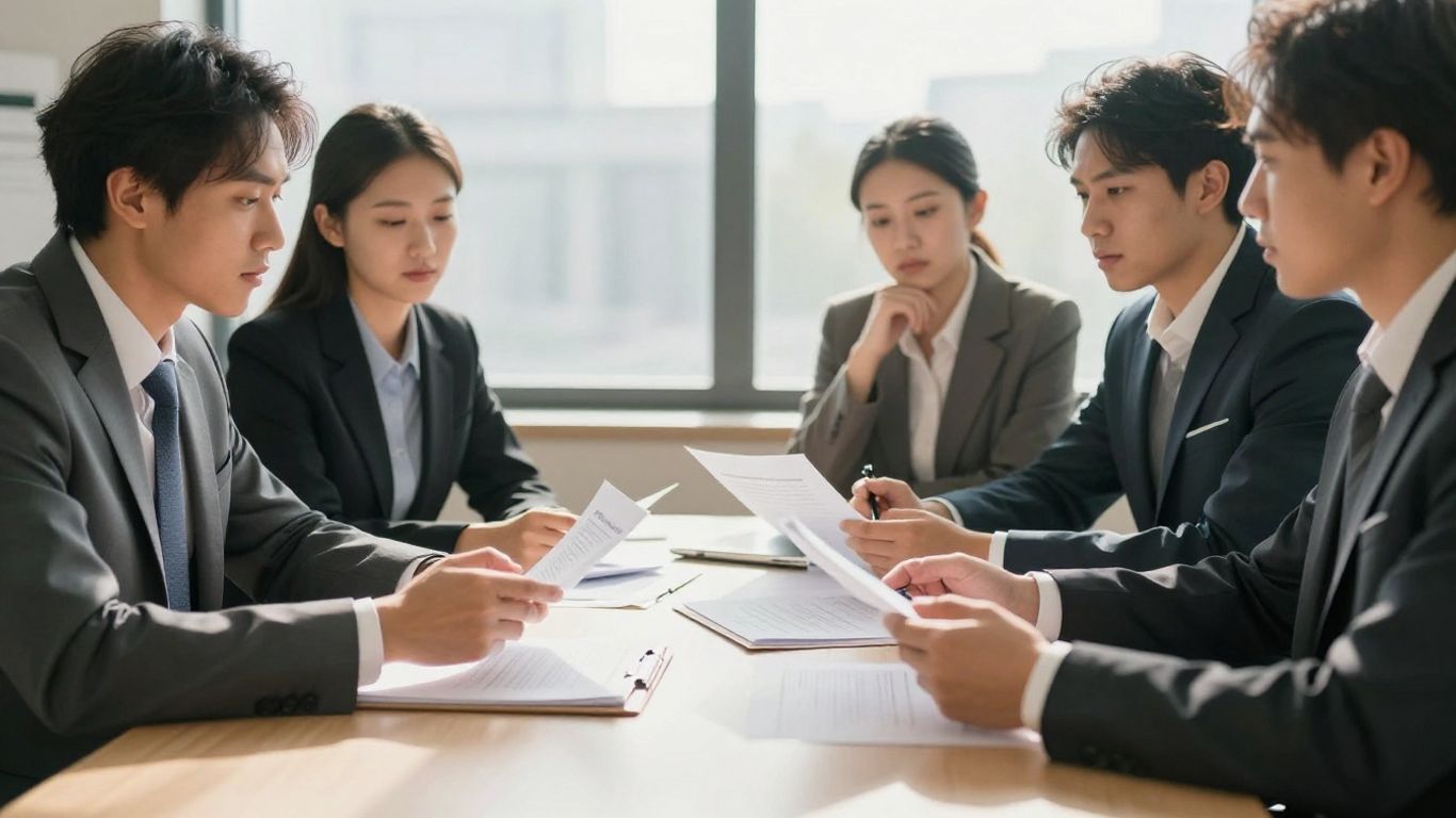 Team discussing claims documents in a bright office.