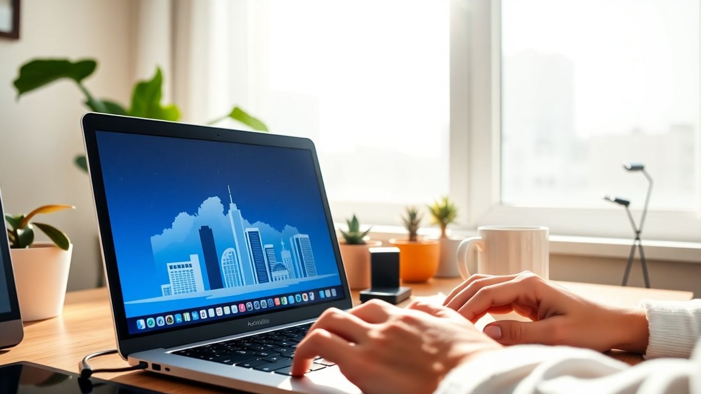 Remote worker in Australia with city skyline.