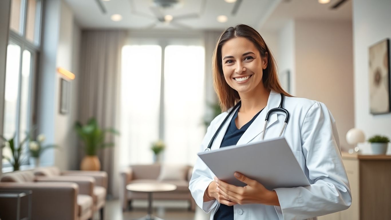 Modern clinic interior with professional smiling.