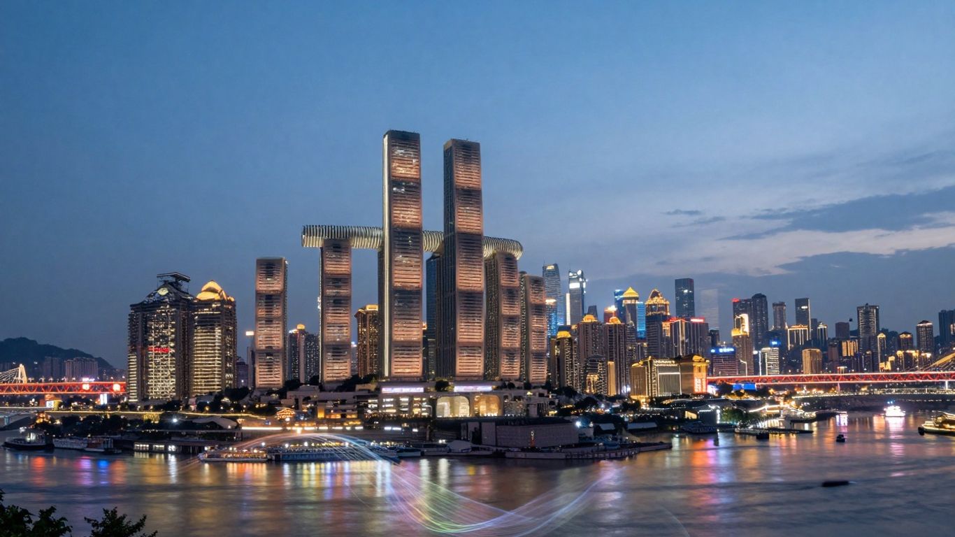 Chinese cityscape with finance and trade imagery.