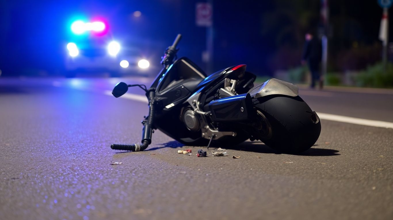 Damaged motorcycle after an accident on a road.
