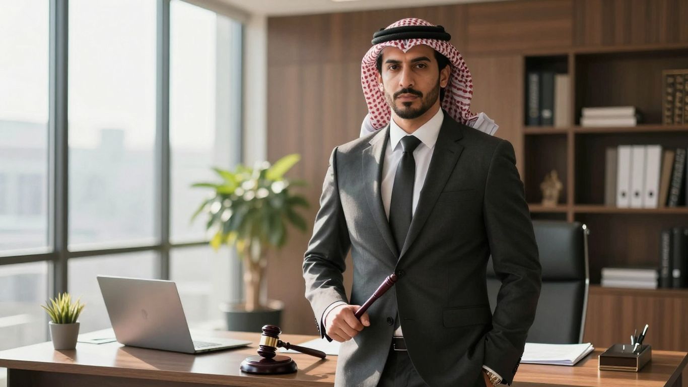 Lawyer in office with gavel.