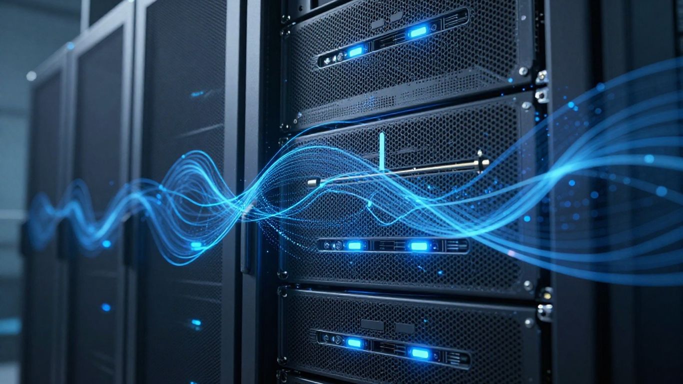Serveur high-tech avec des lumières bleues et des motifs numériques.