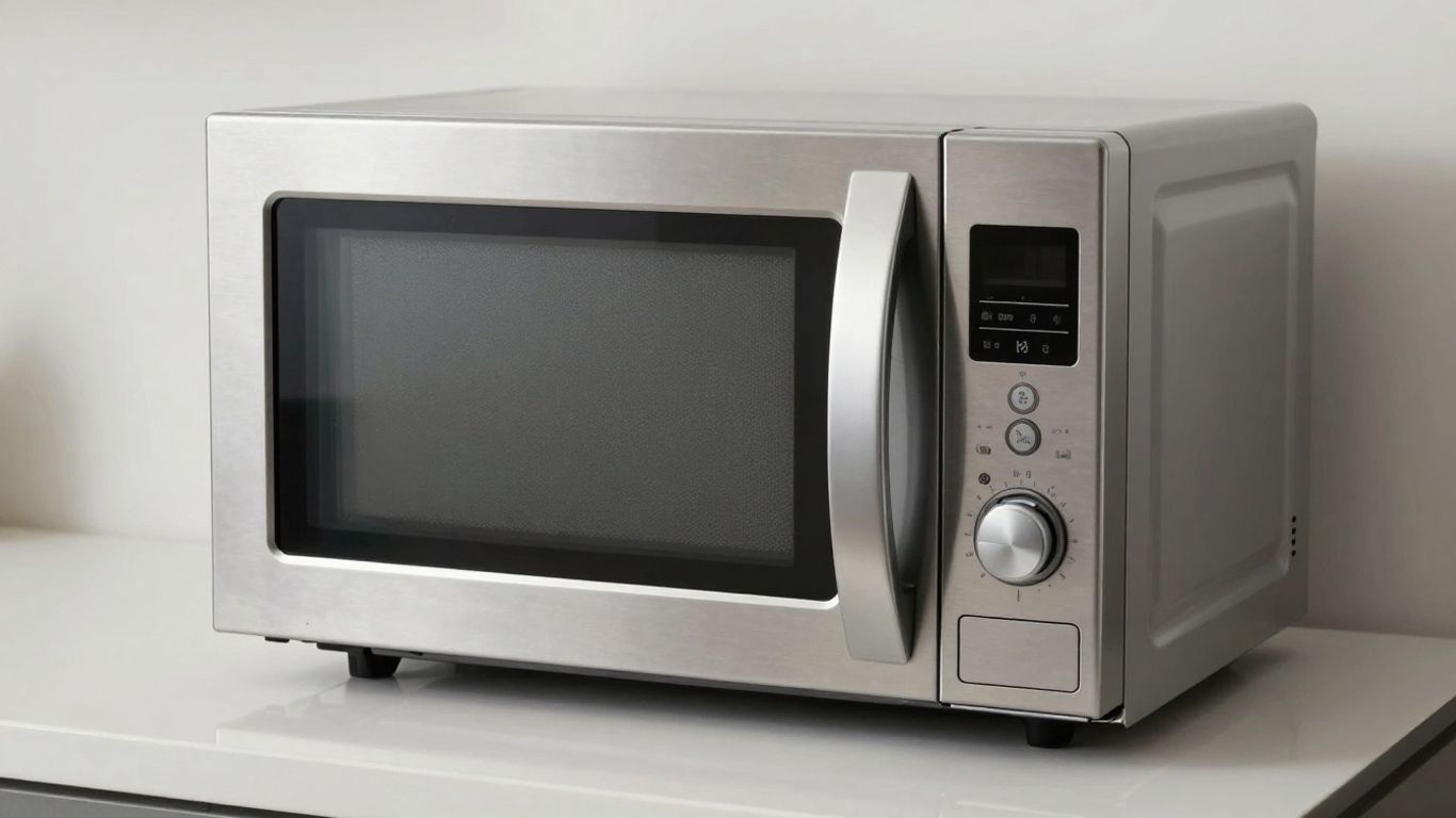 Commercial microwave oven in a modern kitchen setting.