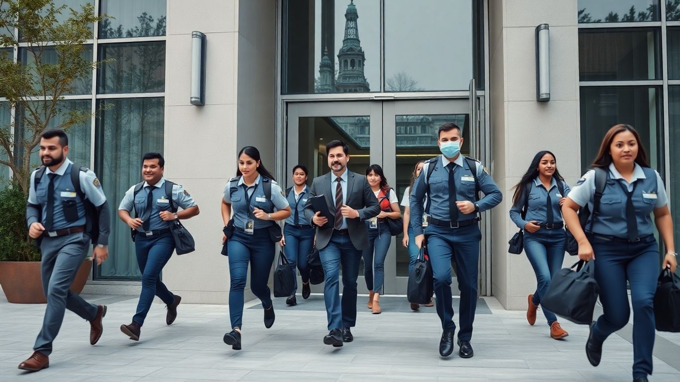 Emergency staff arriving at a hostel.