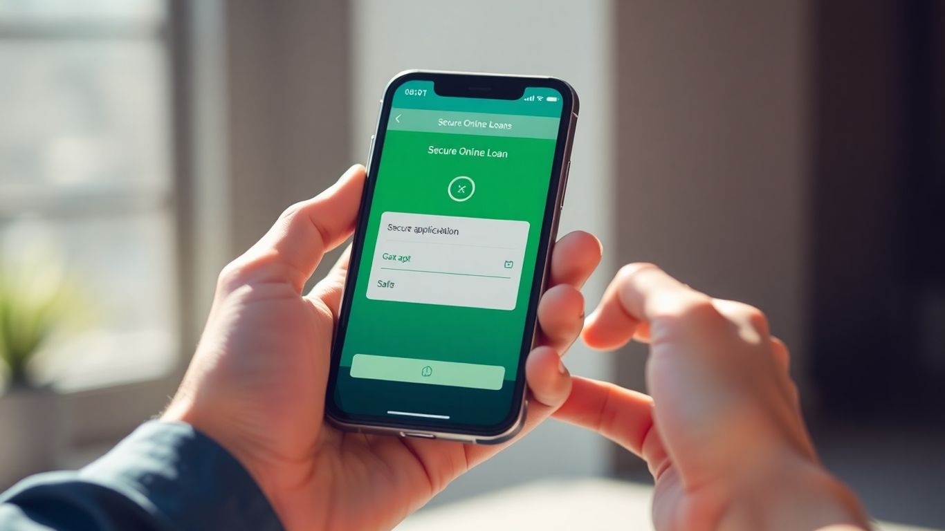 Manos sosteniendo un teléfono con solicitud de préstamo seguro.