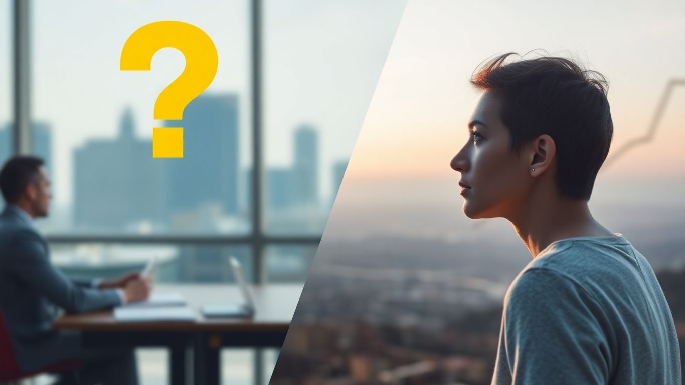 Question mark over business meeting, person looking at horizon.