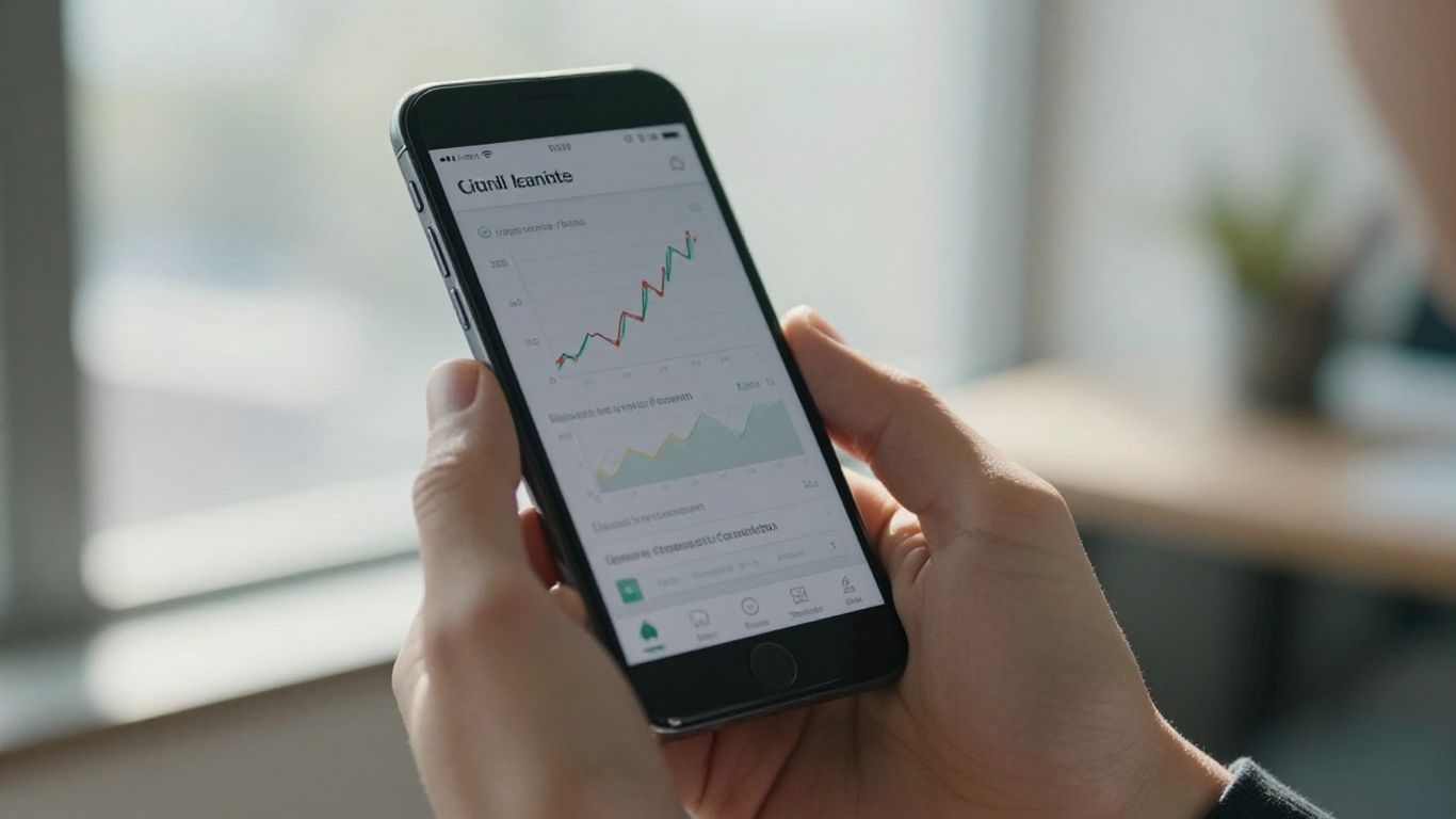 Hand holding phone with financial app