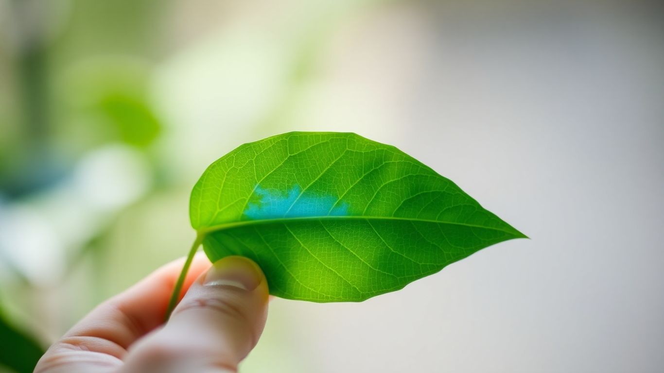 Grünes Blatt mit dezentem blauen Akzent, Bokeh-Hintergrund.