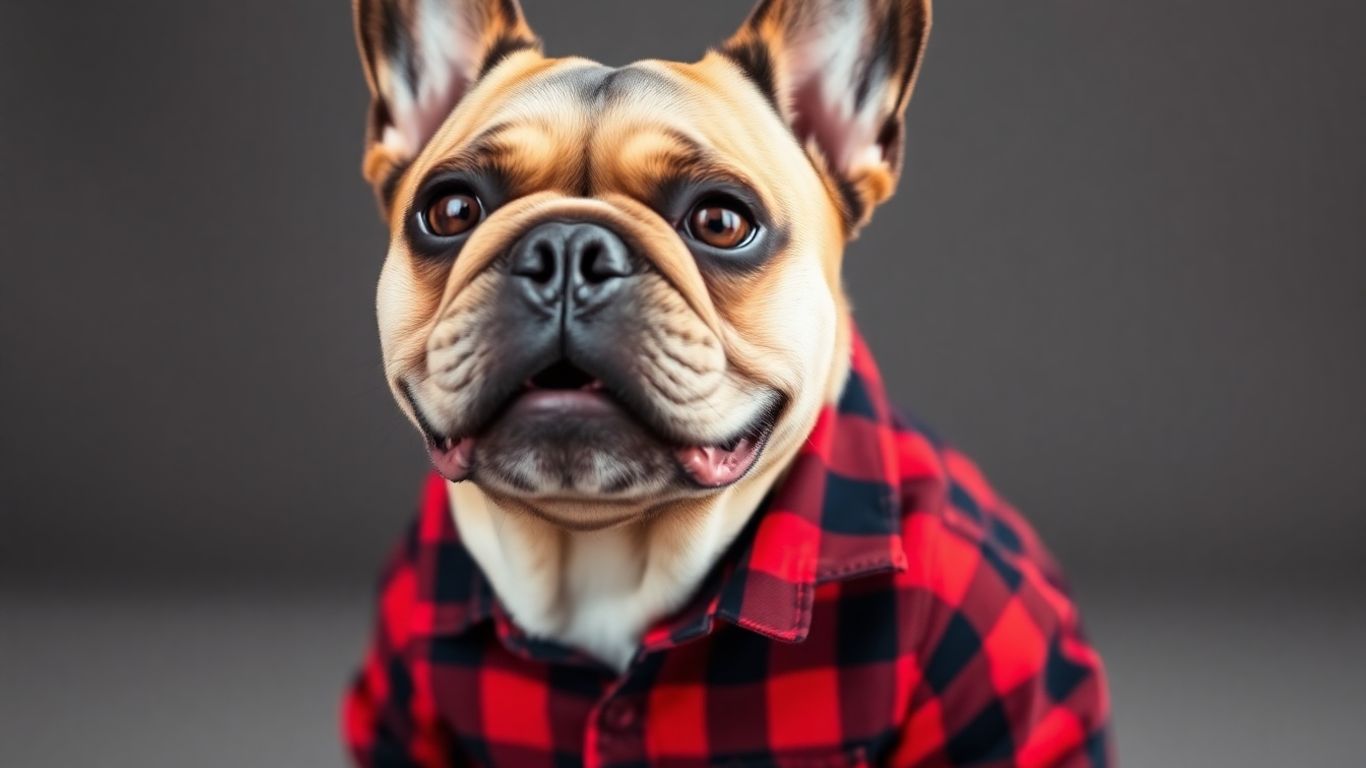 Dog wearing a plaid flannel shirt with pockets.