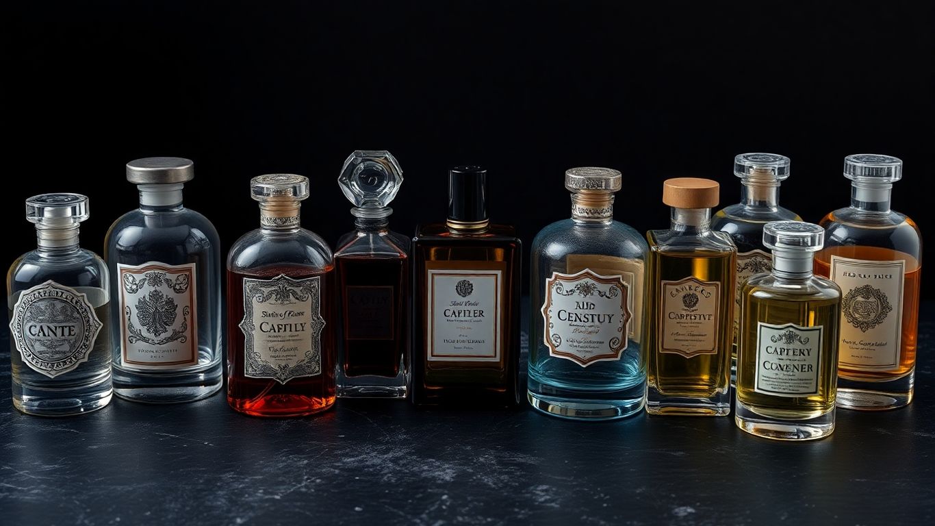 Elegant perfume bottles with unique designs and labels.