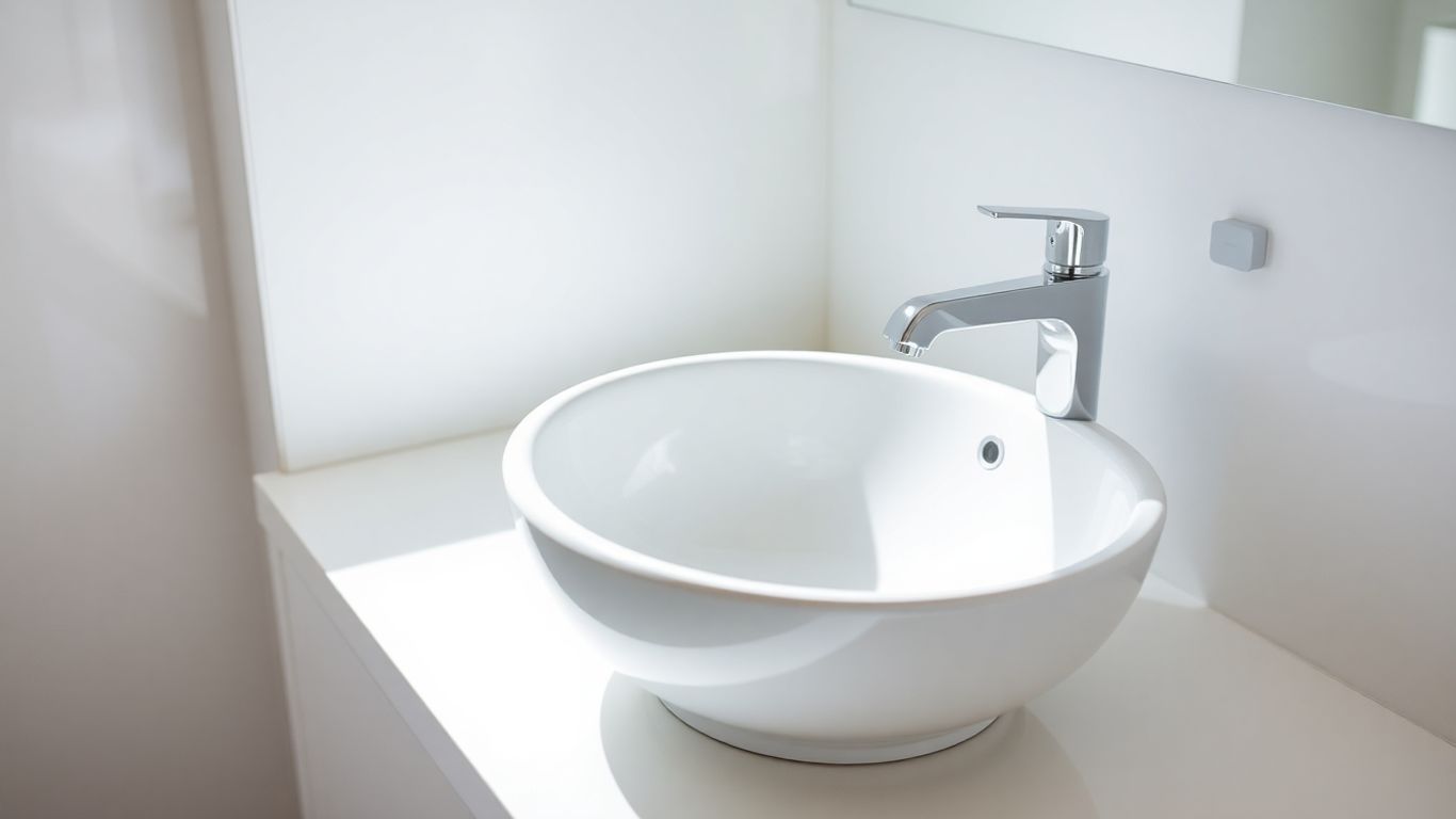 White ceramic wash hand basin with chrome faucet in a bright bathroom.