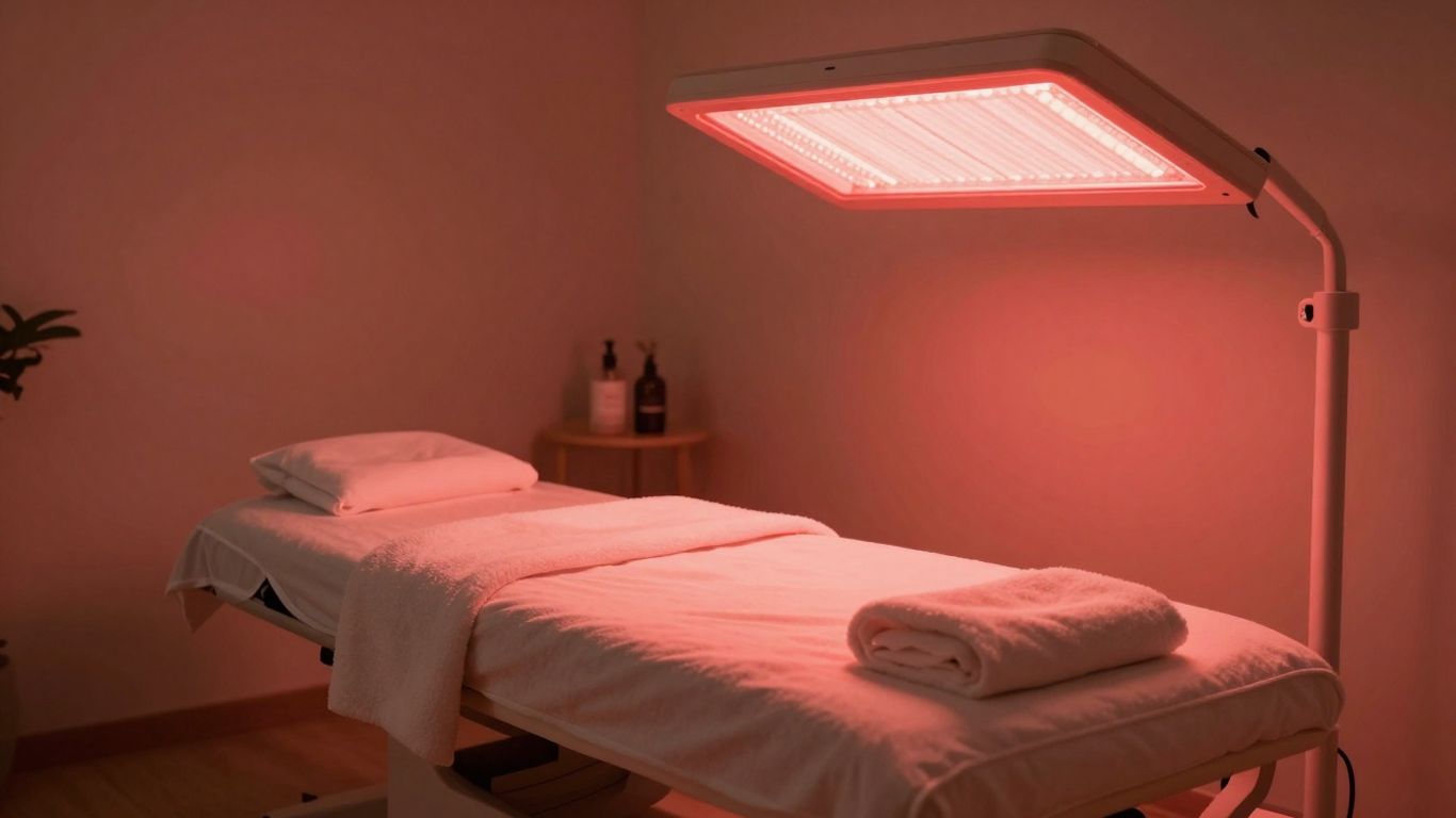 Red light therapy room with glowing panels and treatment bed.