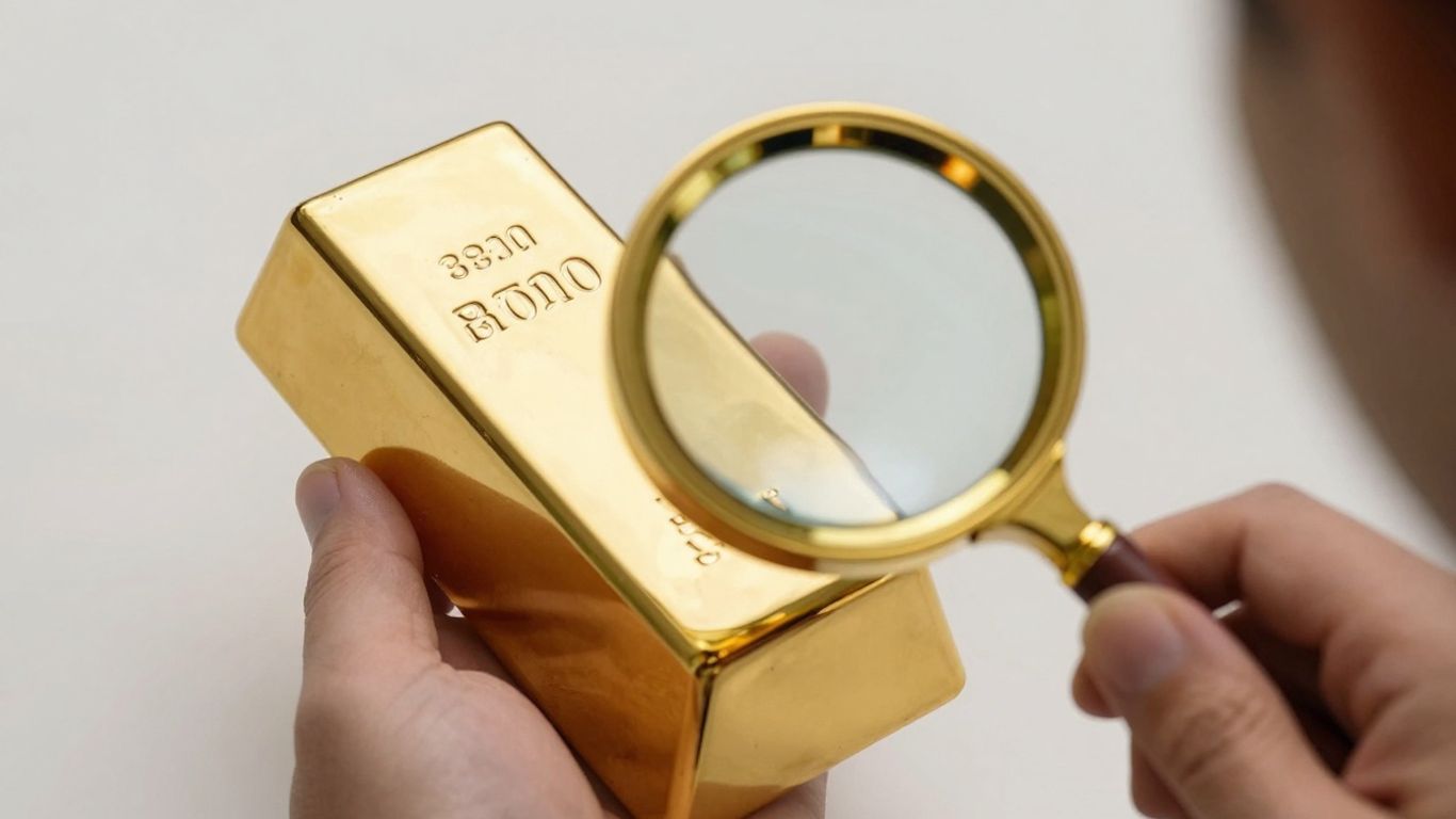 有人正用放大镜检查金条。