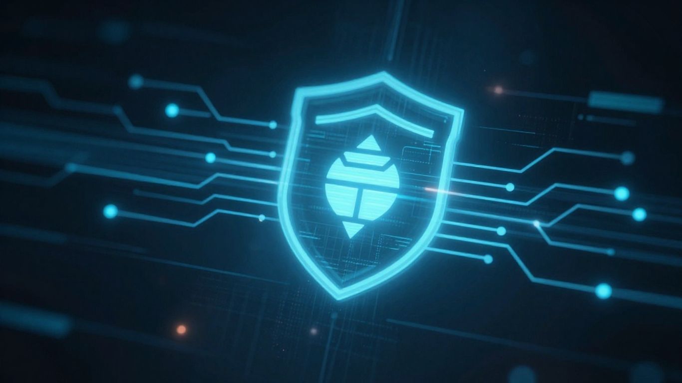 Digital shield with data streams and circuit patterns.