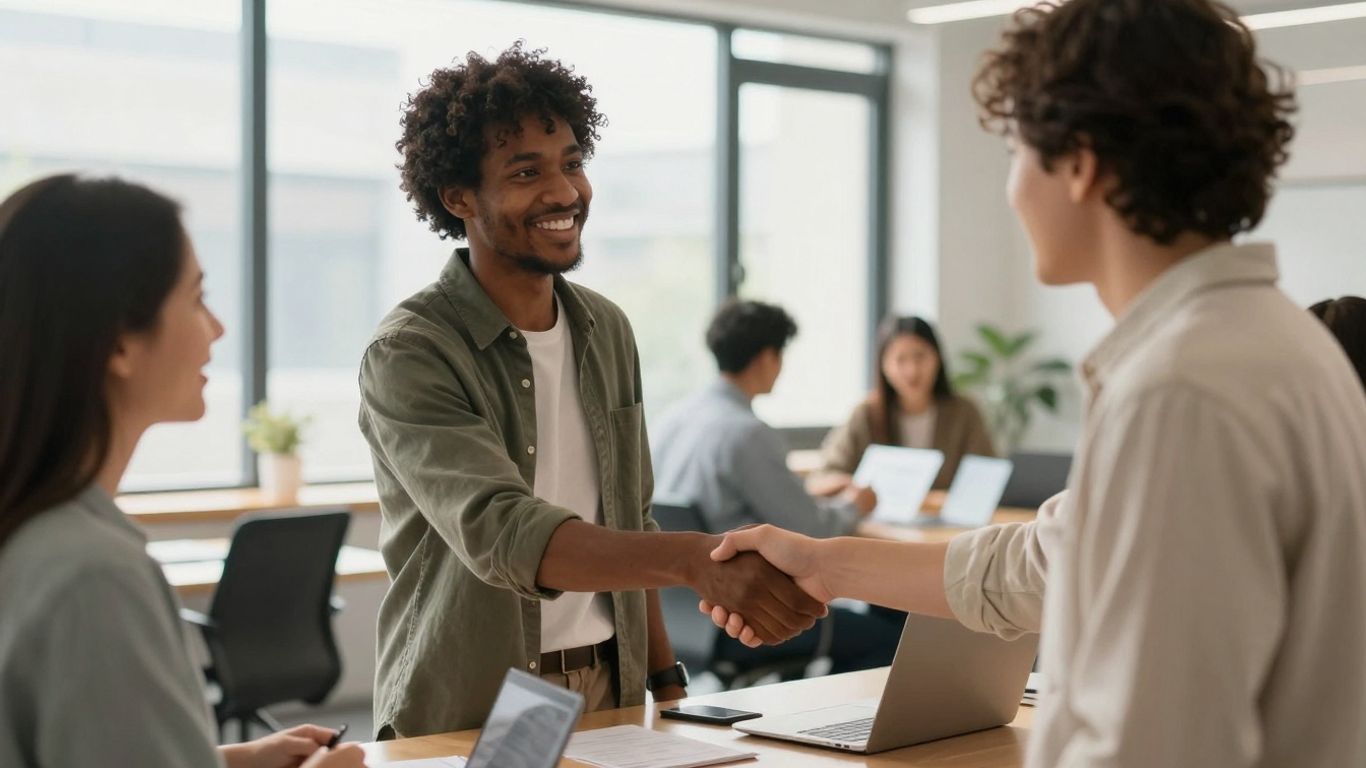Mensen die glimlachen en handen schudden in een kantoor.