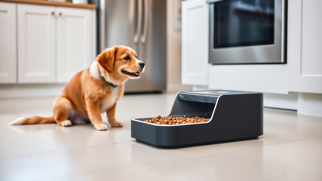App controlled pet feeder with a happy pet nearby.