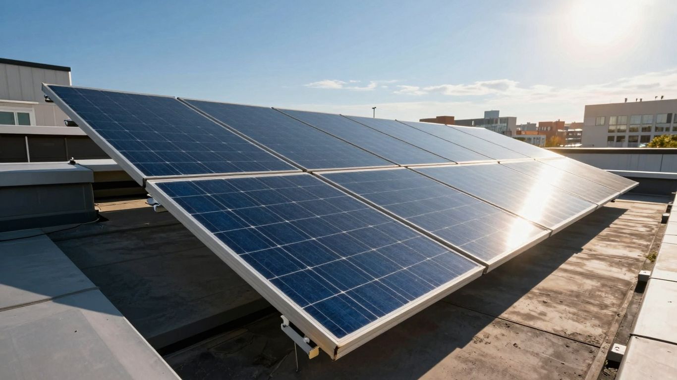 Solar panels on a rooftop under a bright sun.