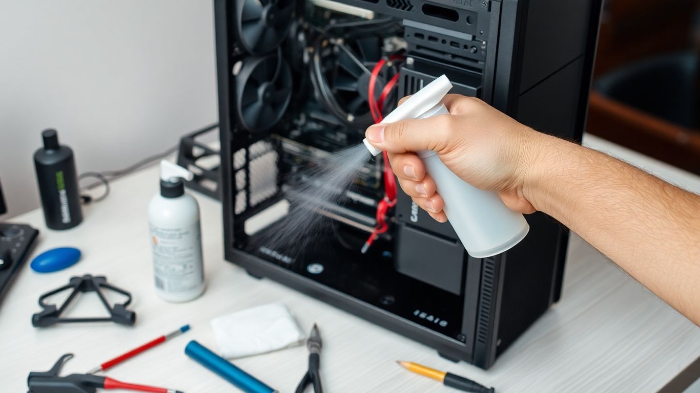 Persona limpiando el interior de una computadora de escritorio.