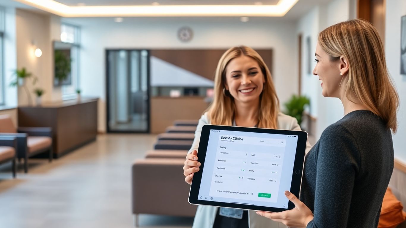 Clinic reception with digital booking and friendly staff.