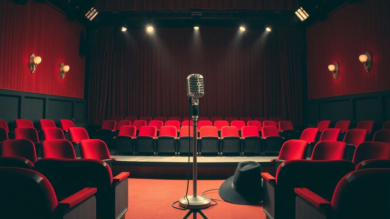 Empty comedy stage with microphone and theatre seats