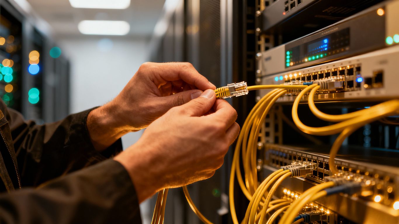 Technician installing network cables in a server room.