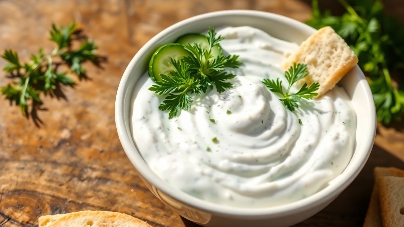 Bowl of tzatziki with dill, cucumber, and pita.