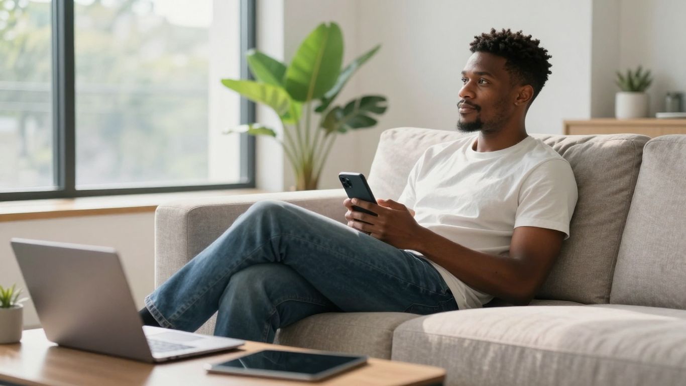 Persoană relaxată privind pe fereastră, dispozitive electronice pe masă.