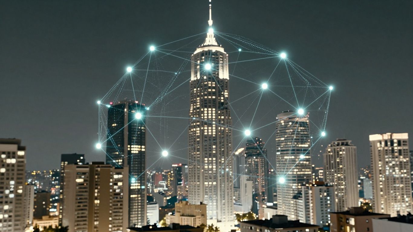 Futuristic city with blockchain network connections.