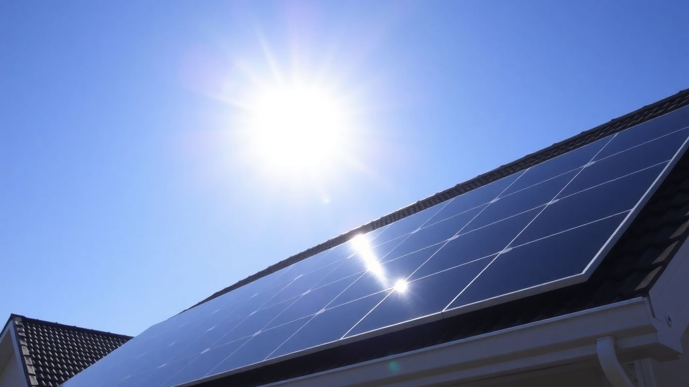 South African rooftop with solar panels under a blue sky.