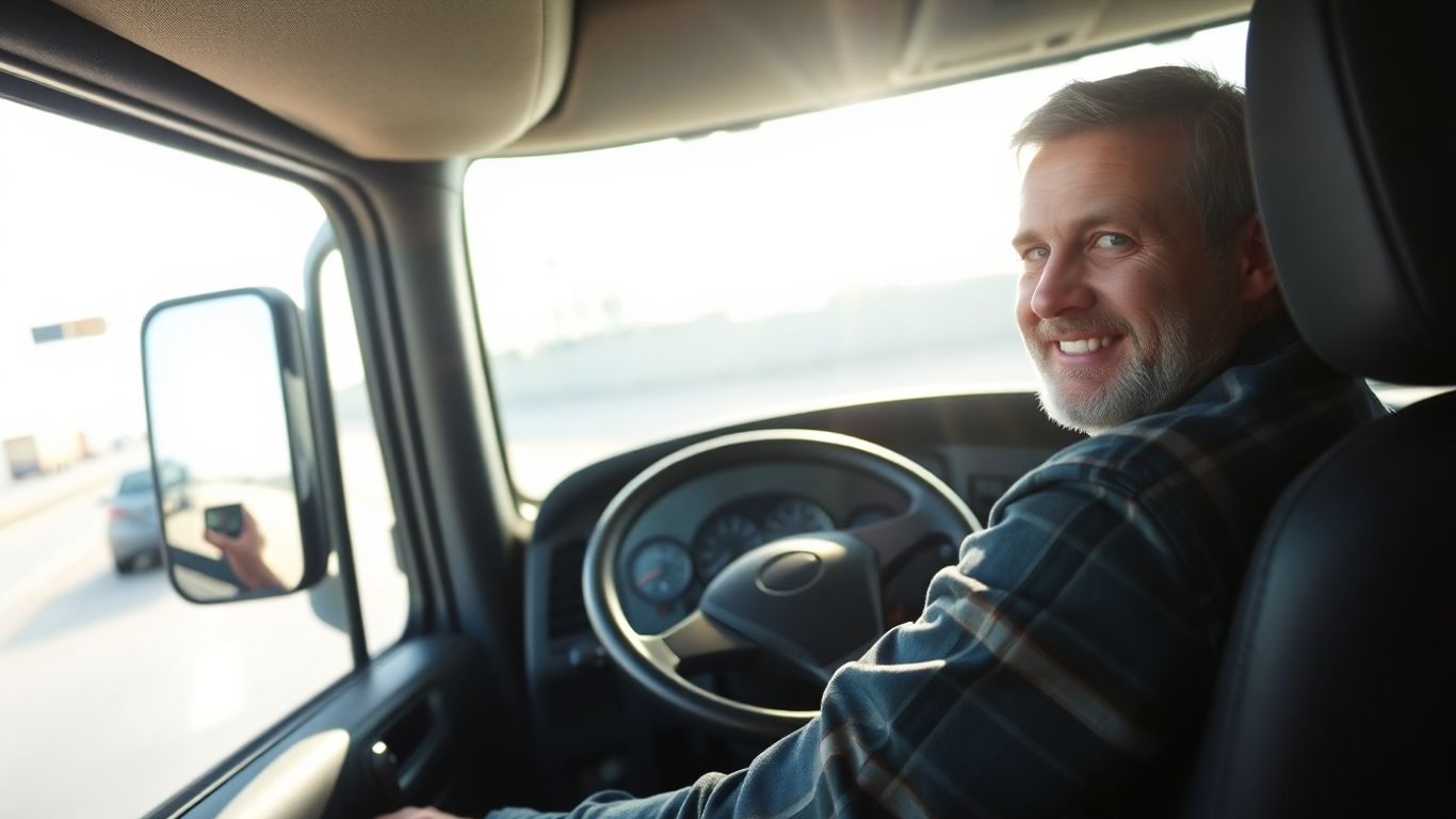 Truck driver in cab, looking forward on highway.