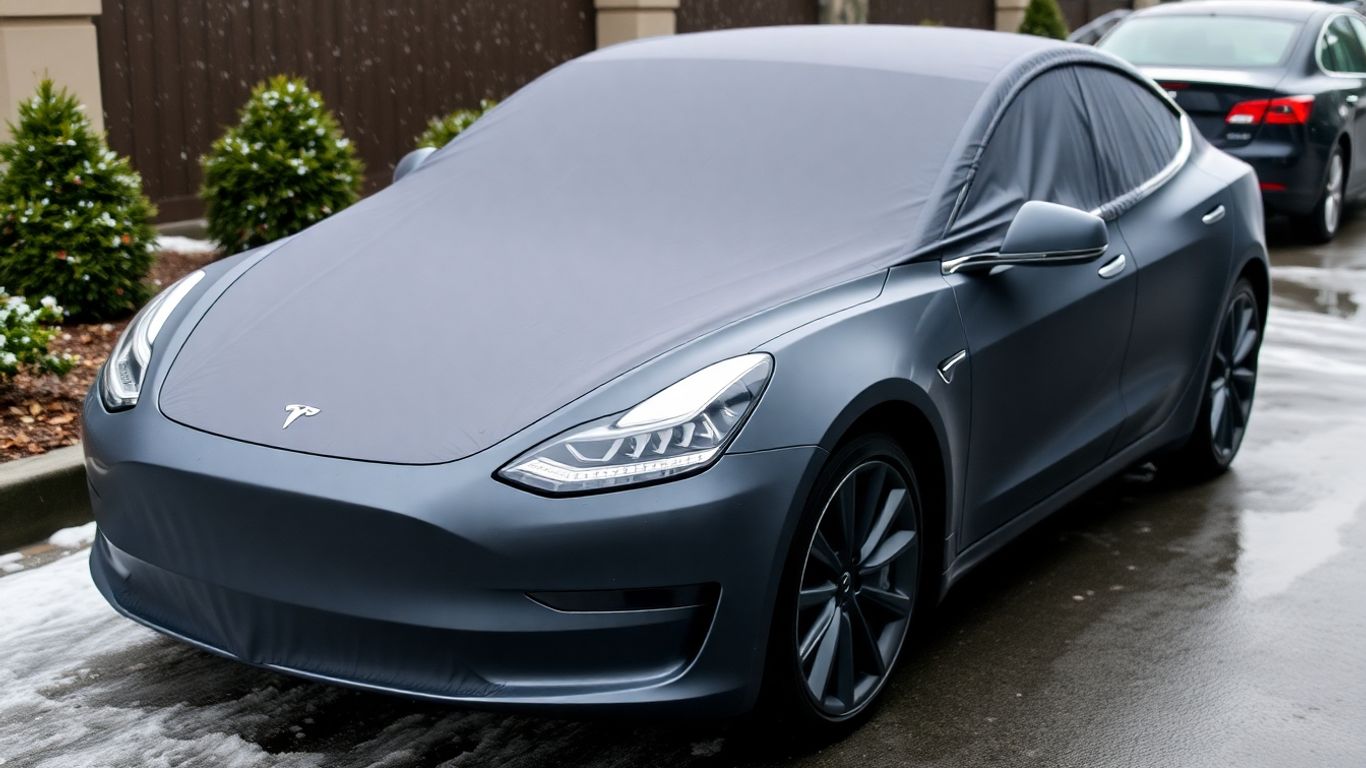 Tesla car cover protecting vehicle from rain.