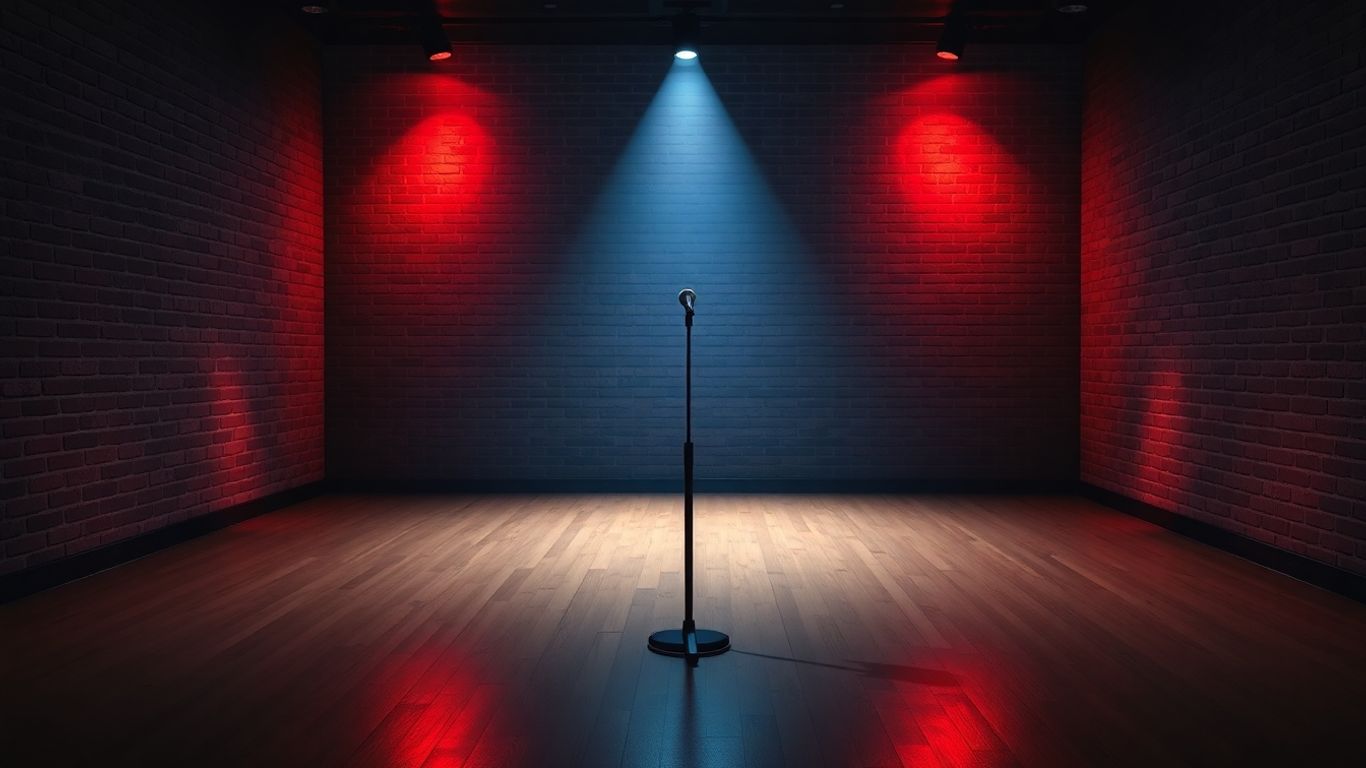 Comedy club stage with spotlight and microphone.