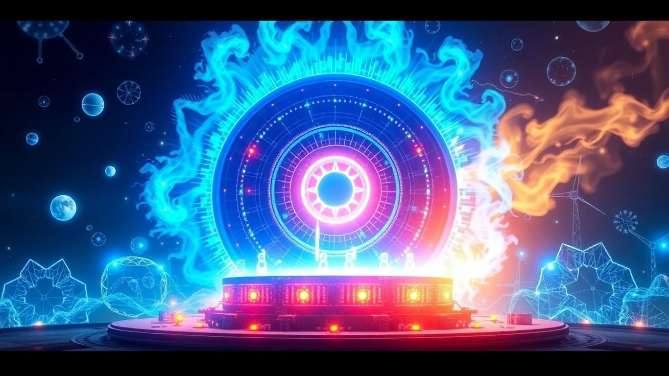 Reactor fuziune nucleară strălucind cu energie albastră.