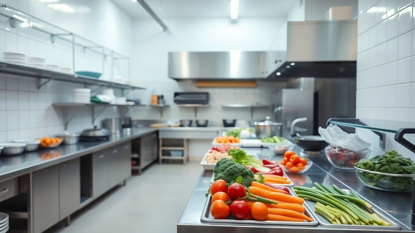 Clean commercial kitchen with organized food preparation areas.