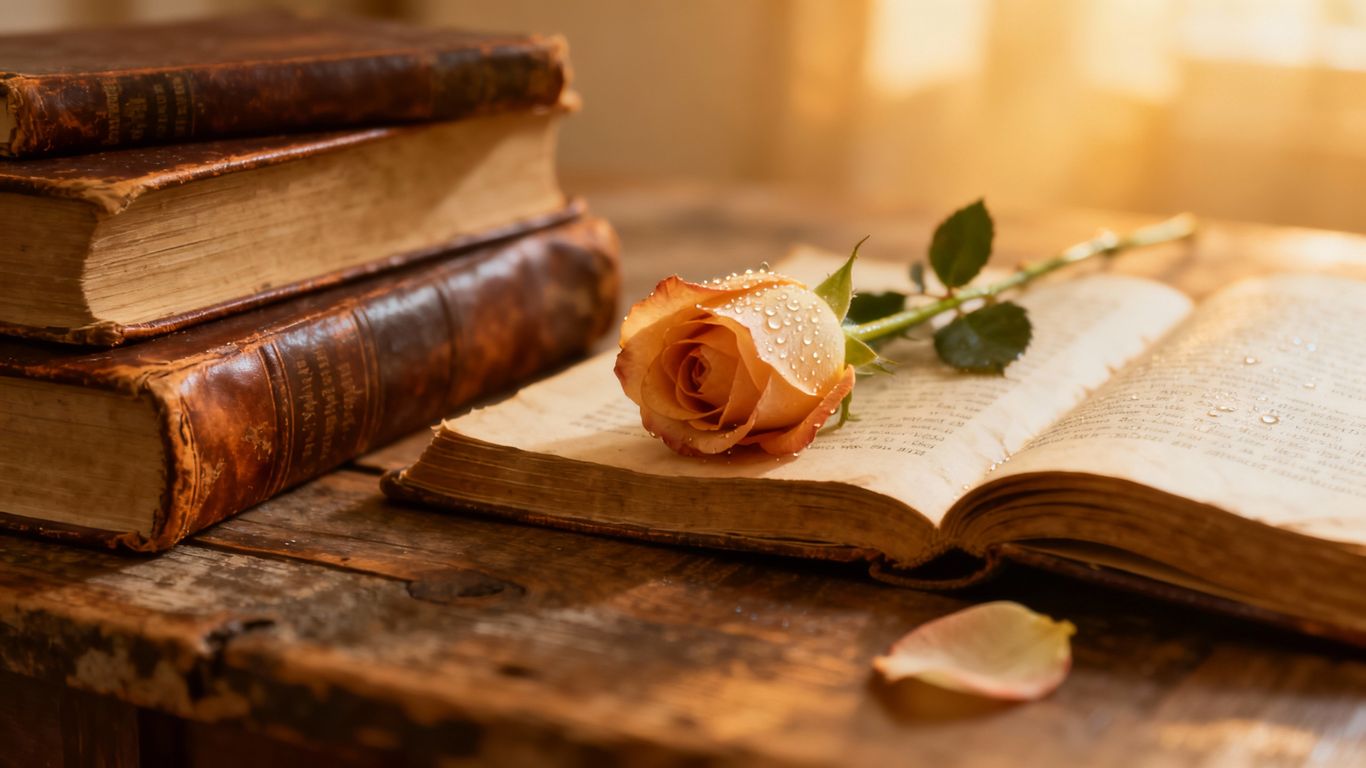 Classic books and a rose, symbolizing love stories.