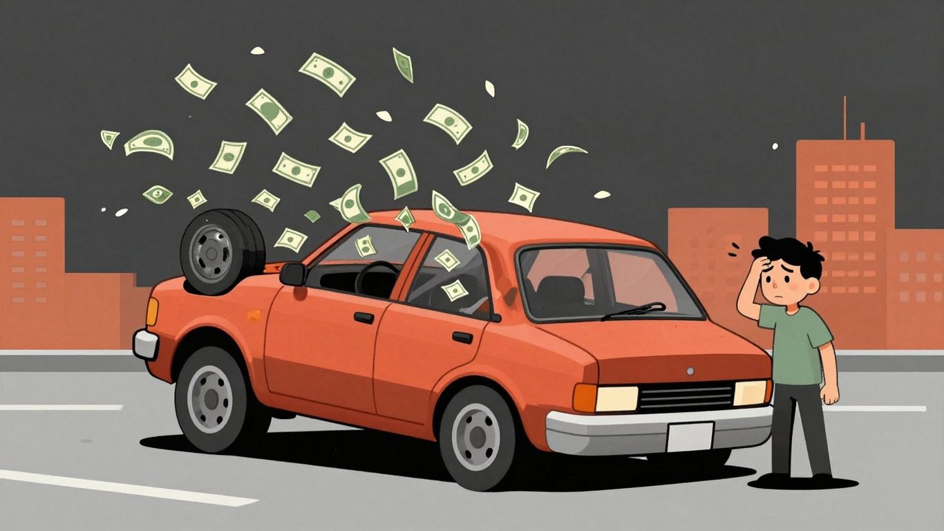 Person stressed by upside-down car and flying money.