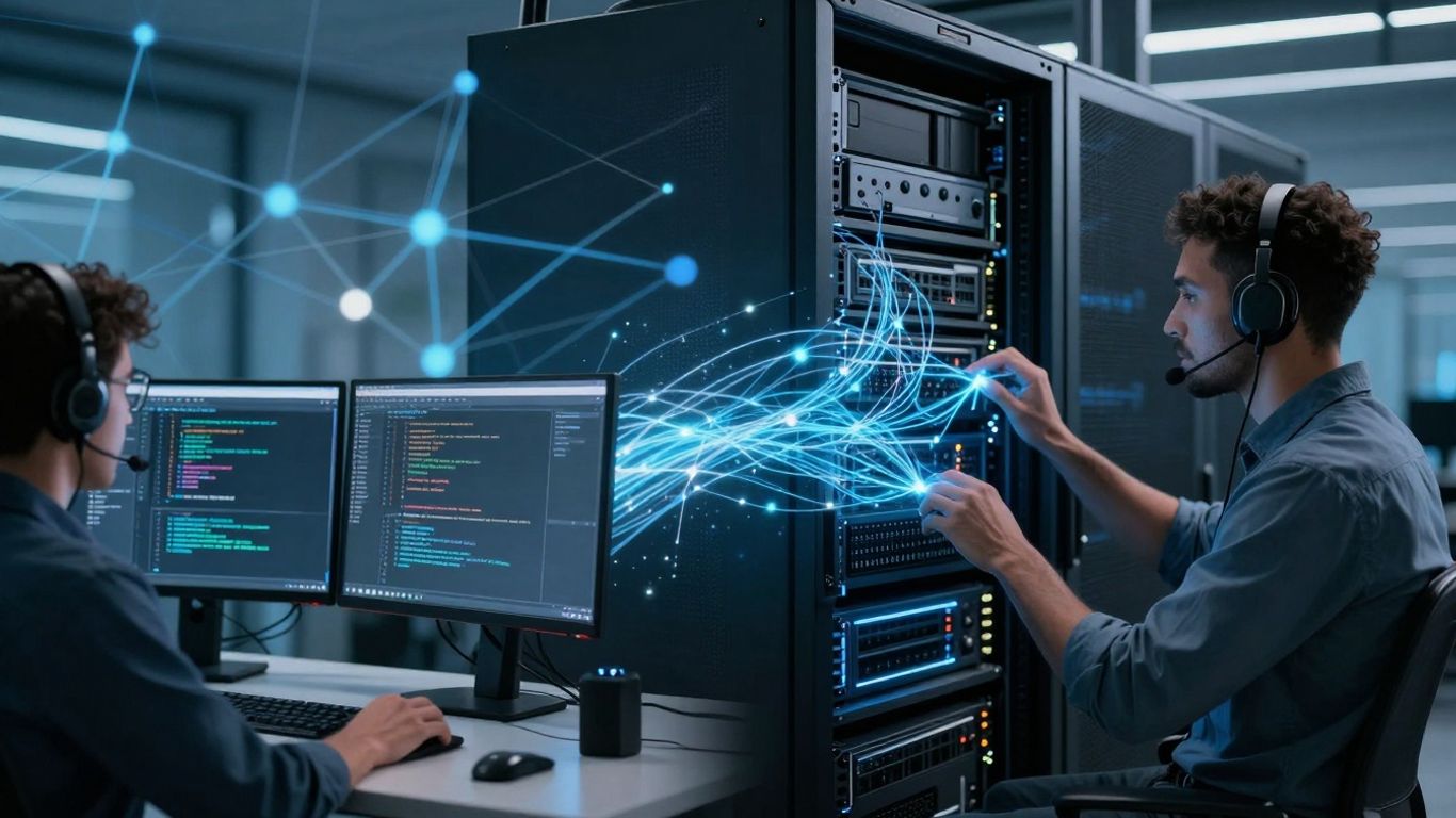 Technician providing remote IT support to a server.