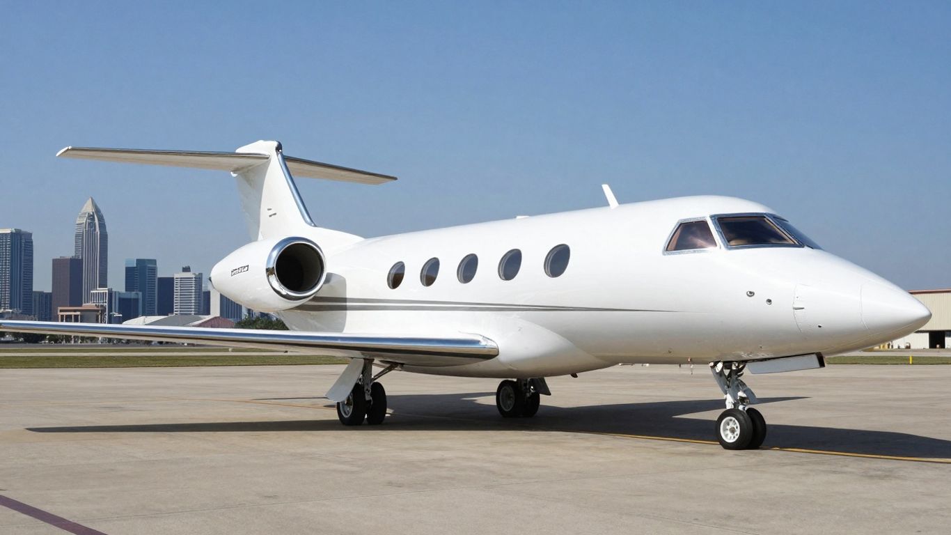 Private jet at Dallas airport with skyline view.