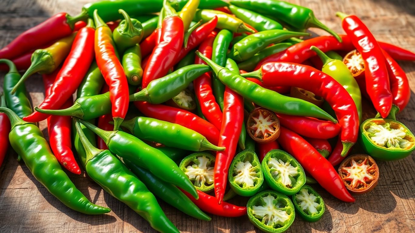 Fresh red and green chili peppers arranged on a wooden surface.