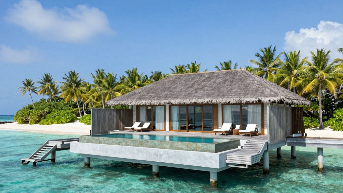 Maldives resort overwater bungalow with infinity pool and turquoise lagoon.