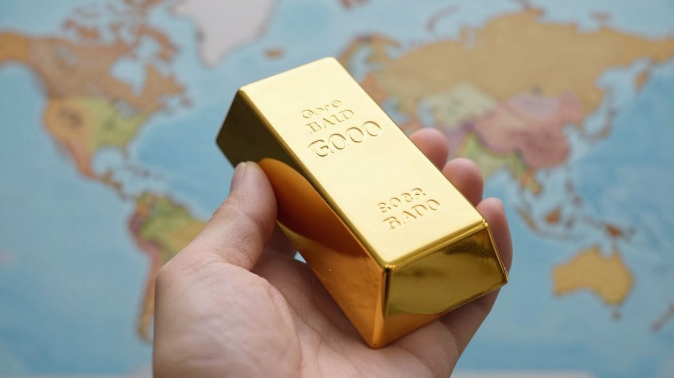 一只金色的手拿着一根金条，背景是一张模糊的地图。