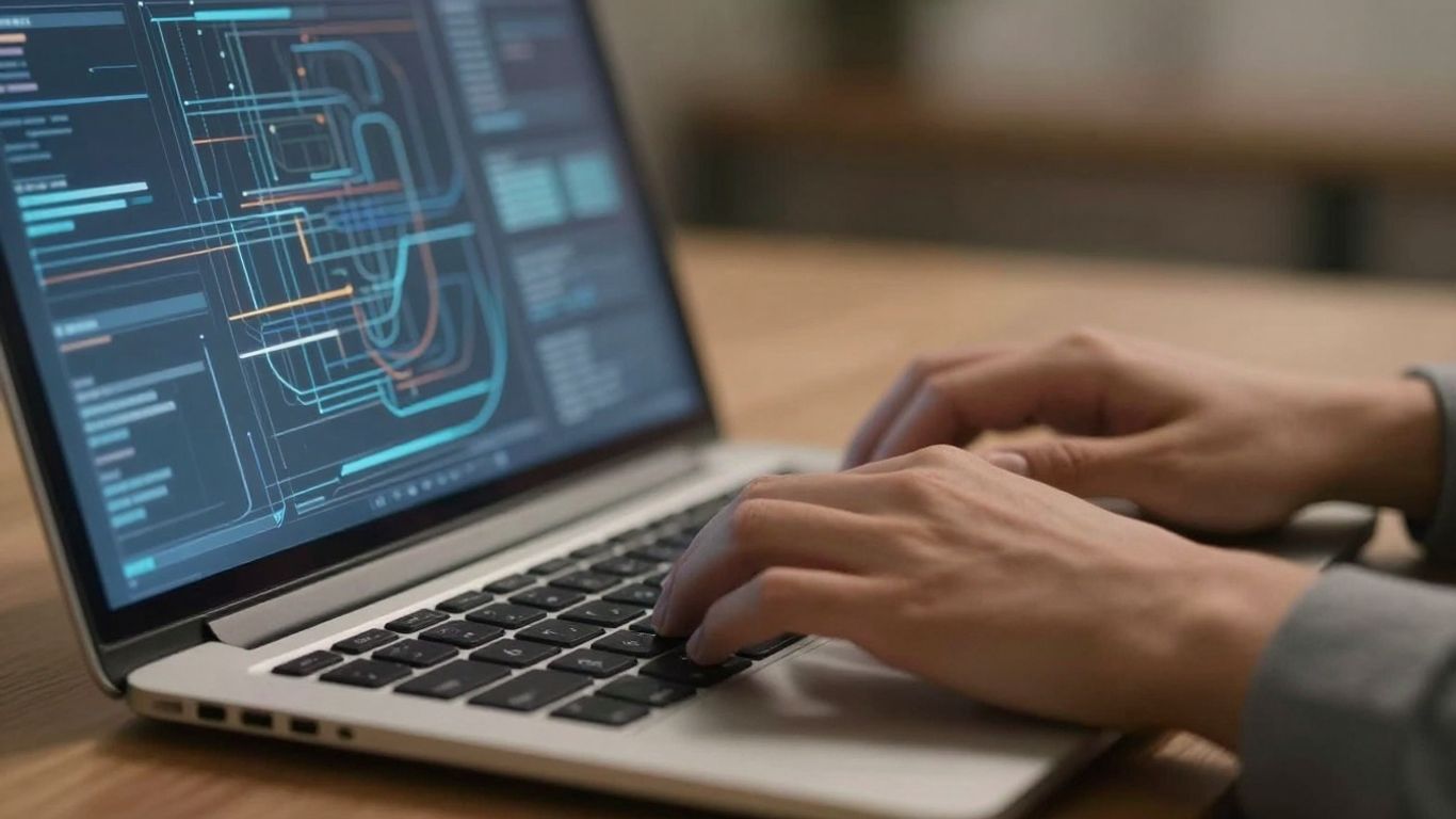 Hands typing on a laptop with digital patterns on screen.