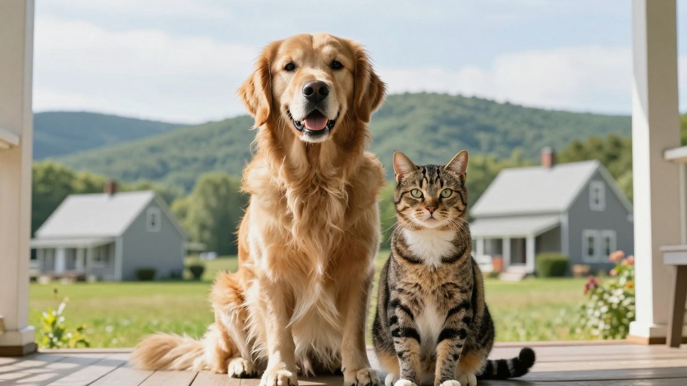 Pets on a porch with Vermont hills in background.