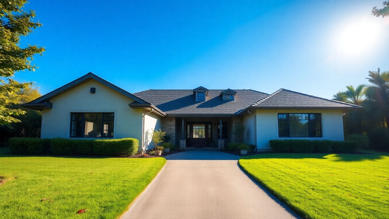 Casa moderna con jardín y cielo azul.