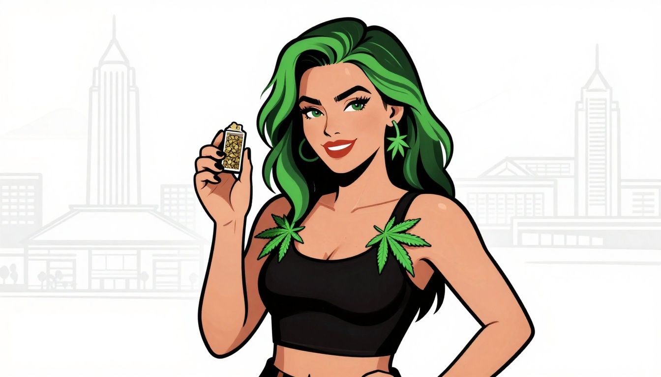 Woman with green hair and cannabis leaf accents holding a product.
