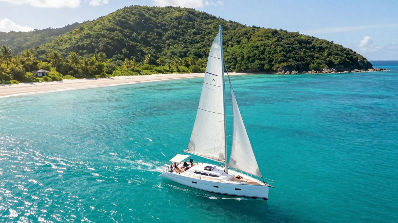 Sailing yacht near a secluded island paradise.